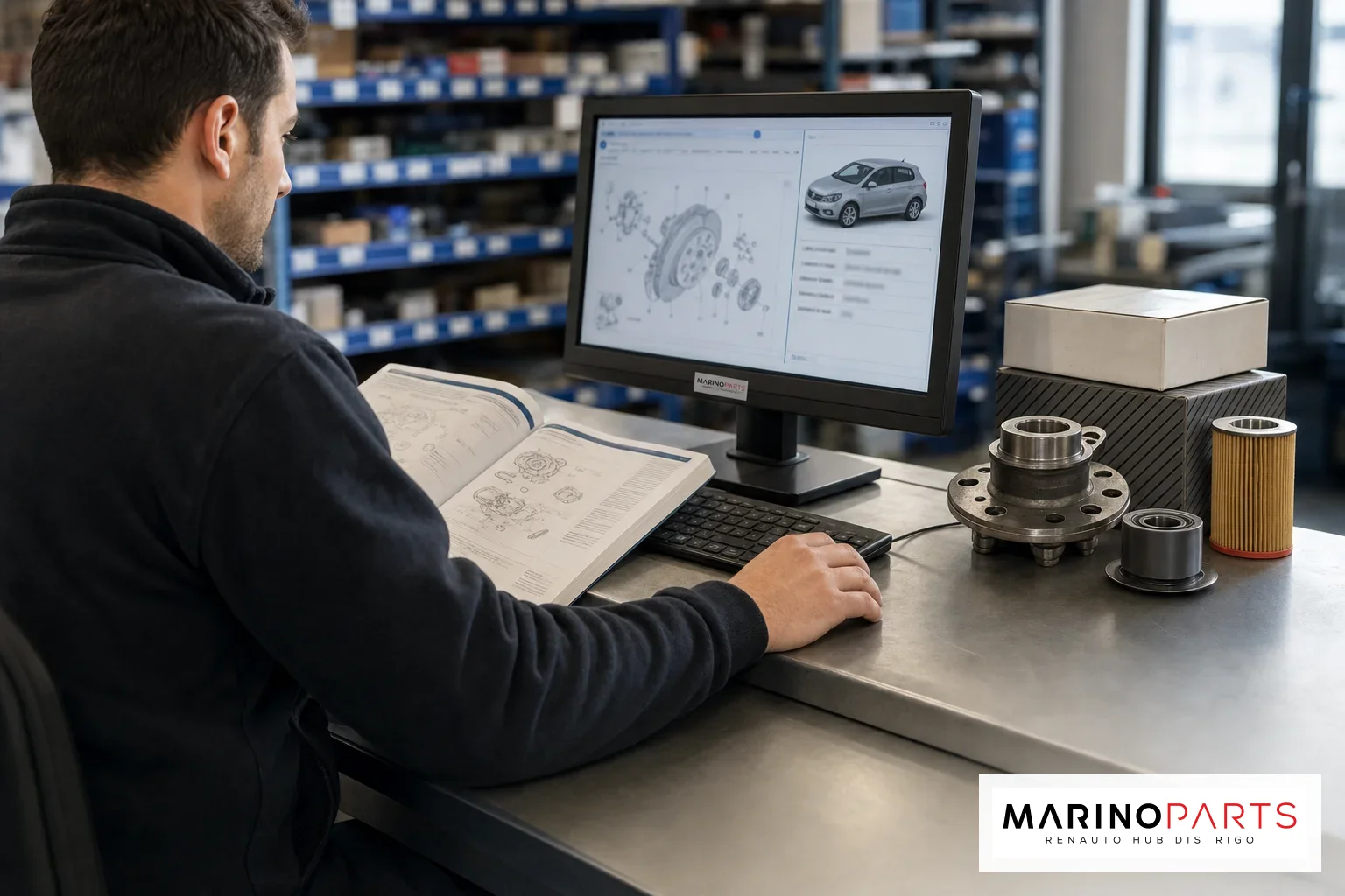 Ricambista professionale consulta un catalogo elettronico per identificare un ricambio auto al banco.