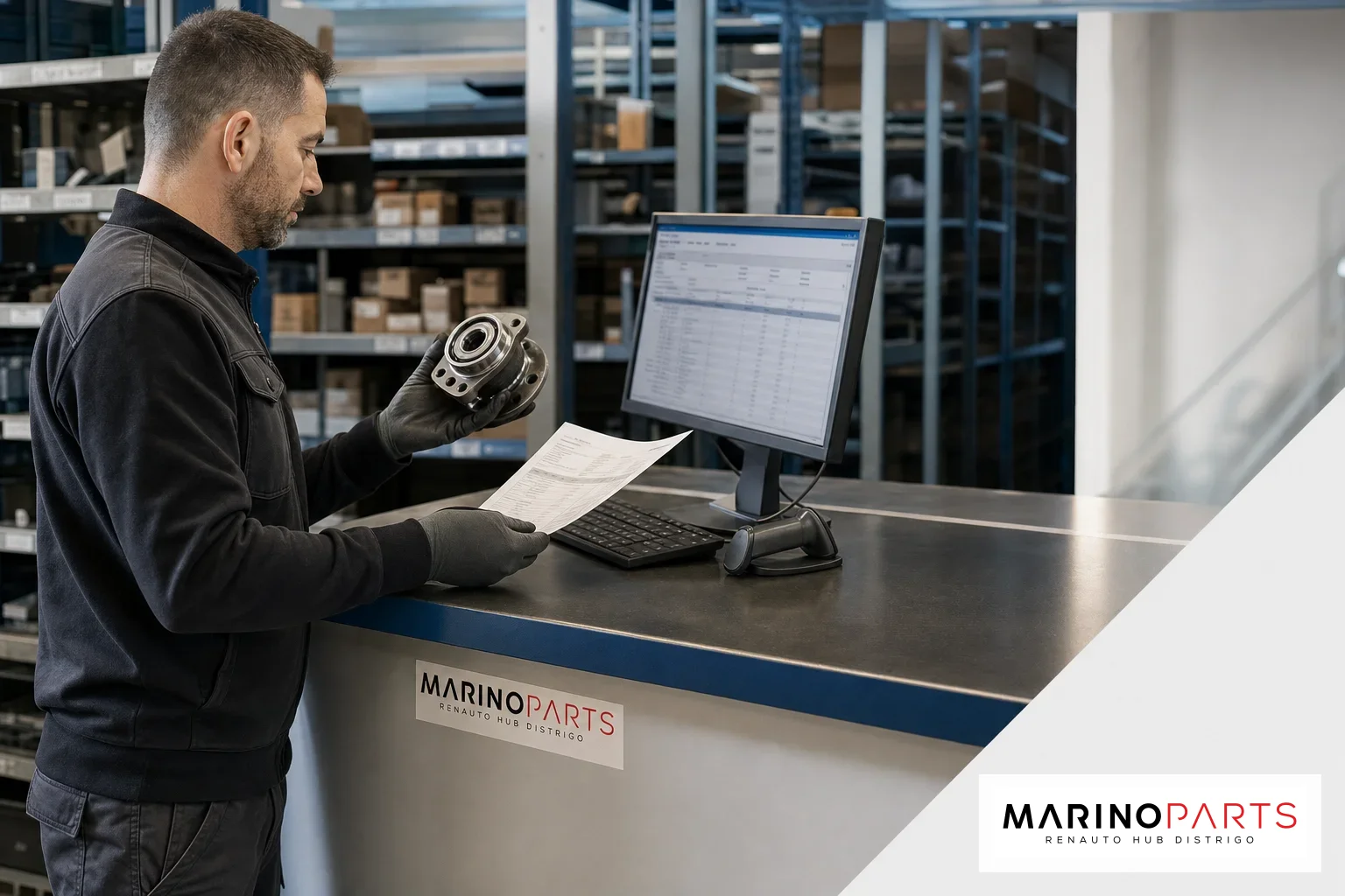 Operatore di magazzino controlla un ricambio auto e un ordine su monitor
